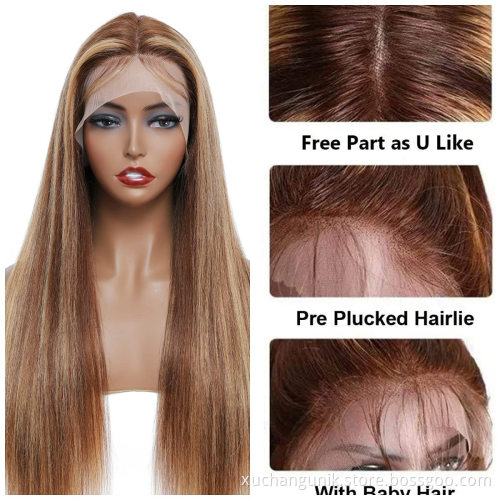 Highlight 1B Honey Brown Color Straight Human Hair Lace Front Wig Virgin Brazilian Hair Highlight Wig Transparent HD Frontal Wig